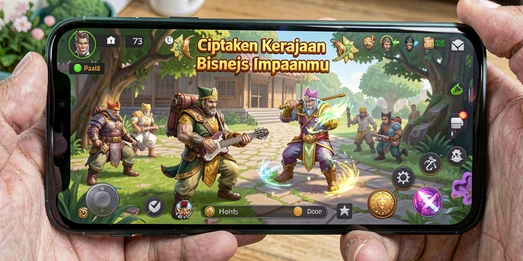 Screenshot D73 menunjukkan gameplay yang menantang dan strategi bisnis yang seru.