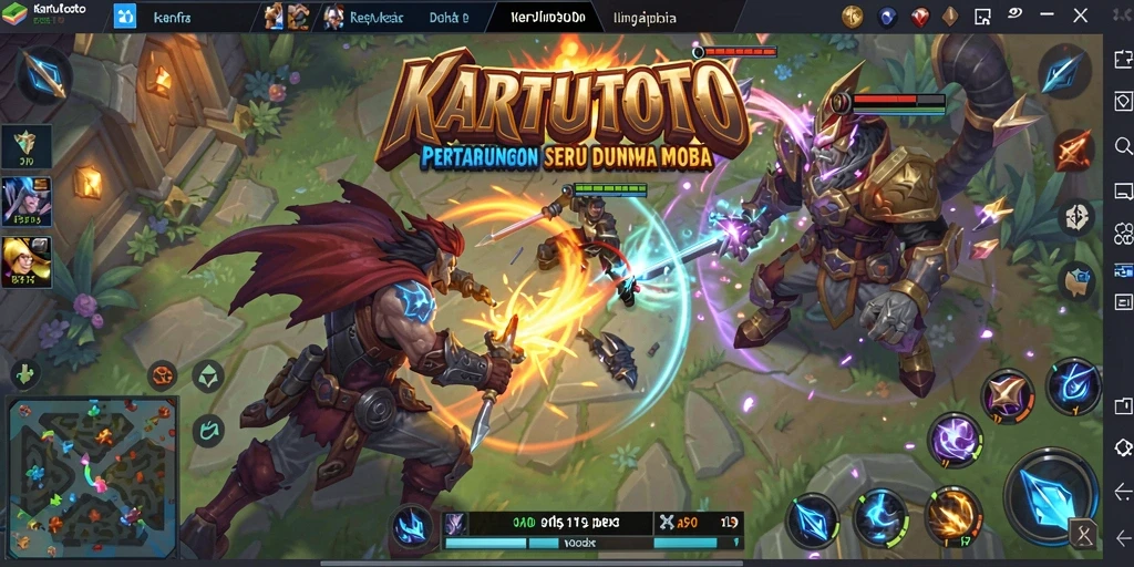 Screenshot KARTUTOTO menampilkan aksi pertempuran seru di arena MOBA.